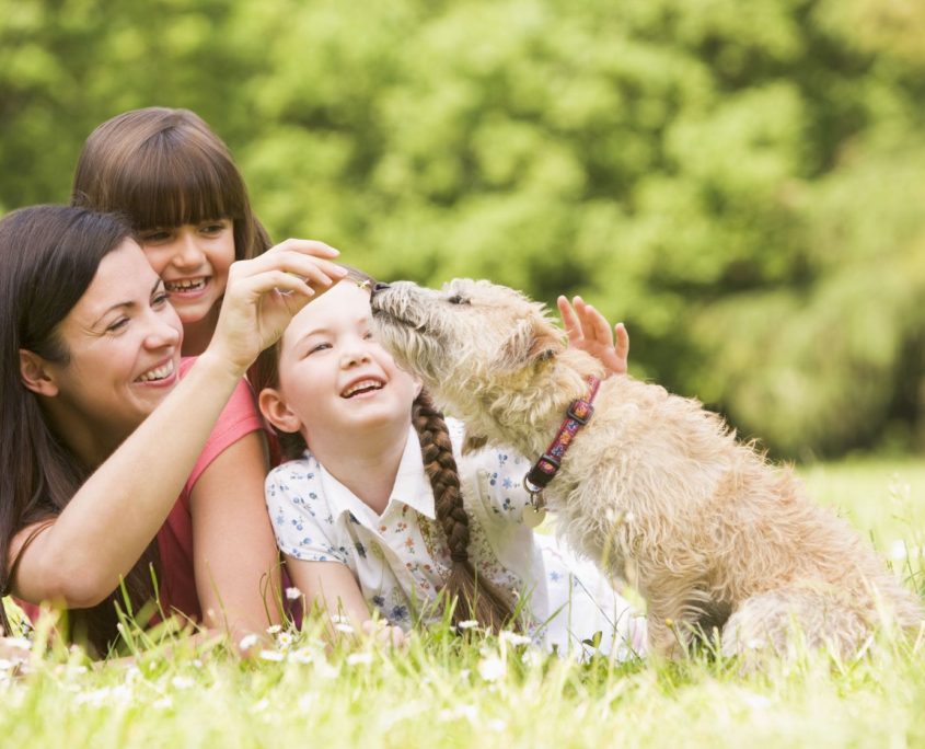 mother and daughters in park with dog smiling